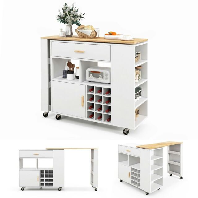 COSTWAY 2-in-1 Kitchen Island Bar Table Storage Trolley White