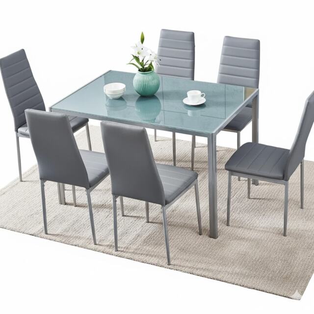 Grey Glass Dining Table Set With 6 Grey Faux Leather Chairs Dining Room Furniture
