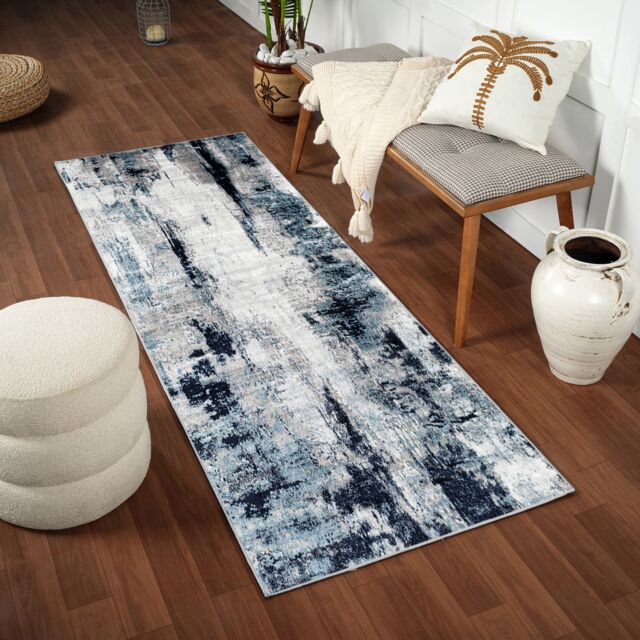 LIVABLISS Wanderlust-Abstract Modern Marble Rug 80 x 220 cm Blue Grey Black