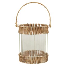 Orsina Natural Rattan Small Lantern, Rustic and Stylish Glass Lantern, White Metal and Clear Glass Candle Lantern
