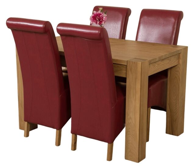 Kuba 125 x 80 cm Chunky Oak Small Dining Table and 4 Montana Leather Chairs Red Red