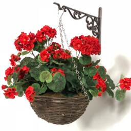 Large Artificial Geranium Flowers Rattan Hanging Basket Decoration Red 30cm