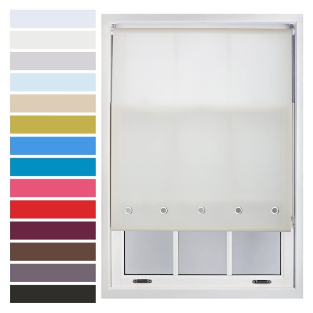 FURNISHED Roller Blinds with Chrome Round Eyelets and Metal Fittings Cut to Size Sheer Window Shade Cream Cream (W) 90cm x (L) 165cm