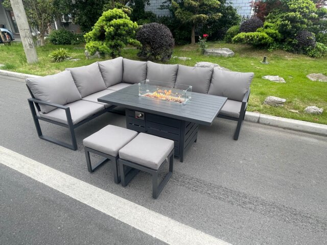 Fimous Aluminum Outdoor Garden Furniture Corner Sofa Gas Fire Pit Table Sets 2 Stools Gas Heater Burner Dark Grey 8 Seater