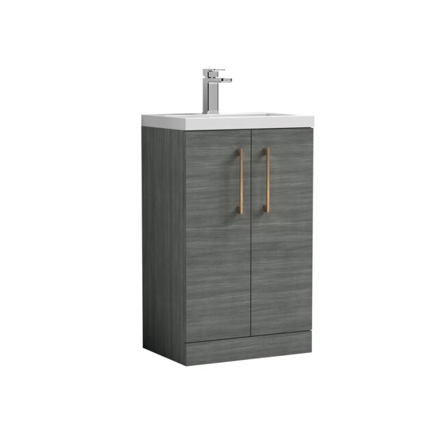 Balterley Level Compact Bathroom Cloakroom Vanity Basin Unit with Polymarble Basin, Handles Grey Grey Woodgrain 840 x 503 x 353mm