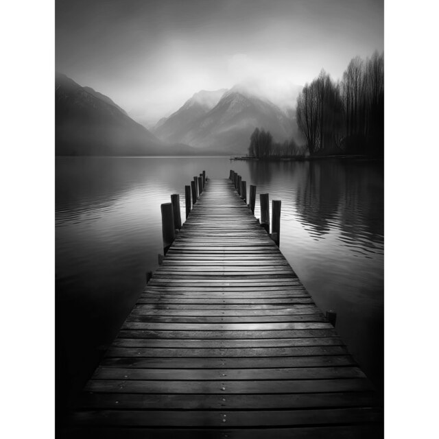 Misty Mountain Lake Pier Landscape Black White Photo Large Wall Art Print 18x24 Inch Multi