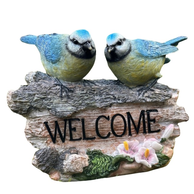 Garden Welcome Sign With Blue Tits, Realistic Stone Effect, Bird Lover Gift