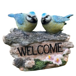 Garden Welcome Sign With Blue Tits, Realistic Stone Effect, Bird Lover Gift