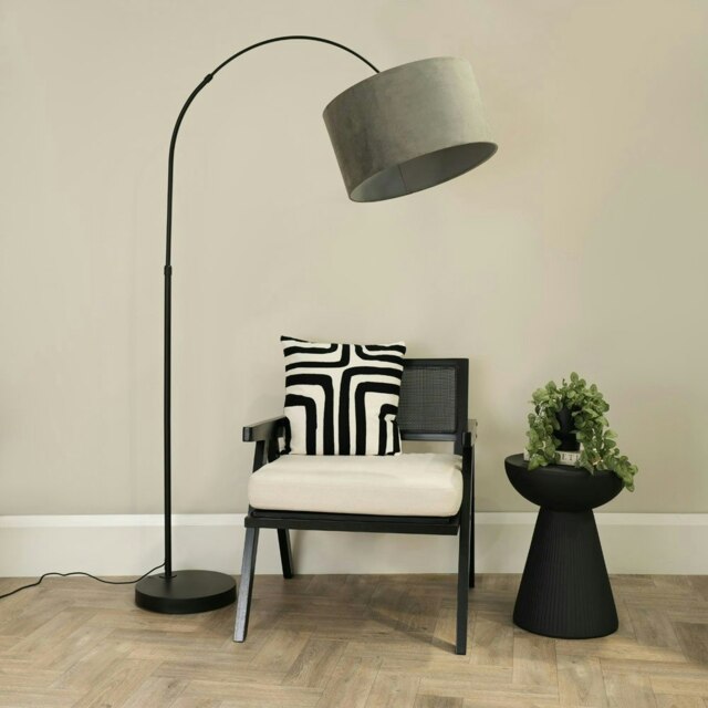ValueLights Louis Black Arched Curved Floor Lamp Grey Velvet Shade