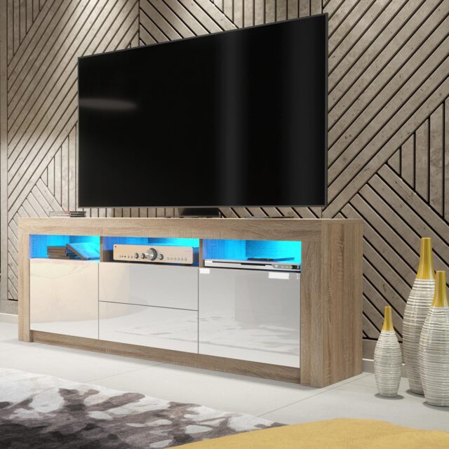 TV Unit TV Stand Cabinet Sideboard Oak White High Gloss Doors Free LED 160cm