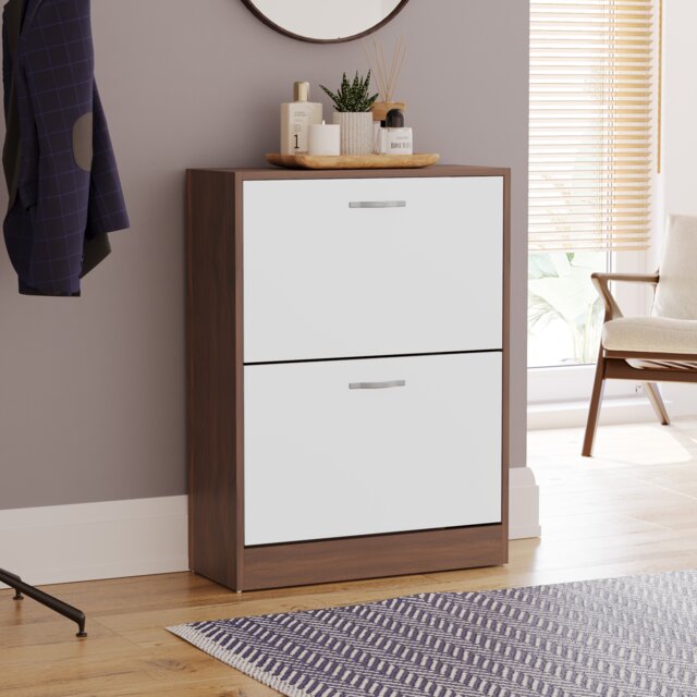 Vida Designs 2 Drawer Shoe Cabinet Shoe Rack Storage Cupboard, Walnut & White