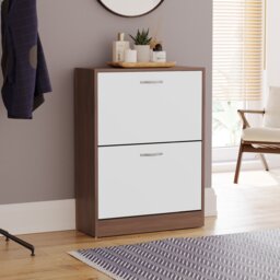 Vida Designs 2 Drawer Shoe Cabinet Shoe Rack Storage Cupboard, Walnut & White
