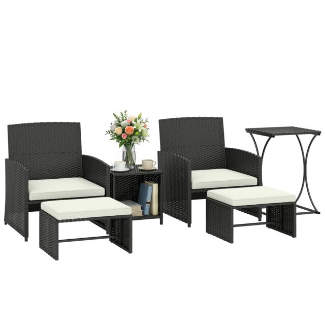 Outsunny 6 Piece Rattan Garden Furniture Set with Nesting Tables, Black Black Black with cream white cushions Not provided