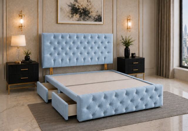 Brooklyn Divan Bed with Upholstered Headboard & Footboard Base - Double Sky Blue Plush 2 Drawers Storage Right Side in Bed