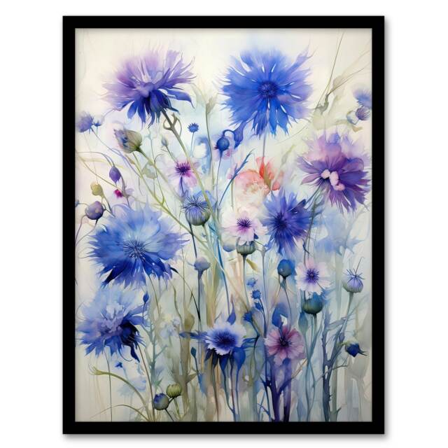 Cornflower Wildflower Meadow Watercolour Black Framed Wall Art Print A4