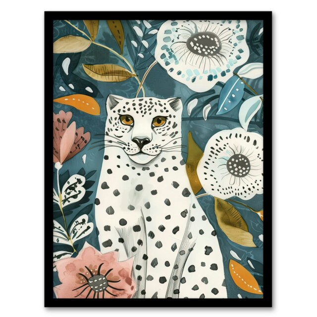 Snow Leopard Floral Pattern Watercolour Folk Art Black Framed Wall Art Print A4