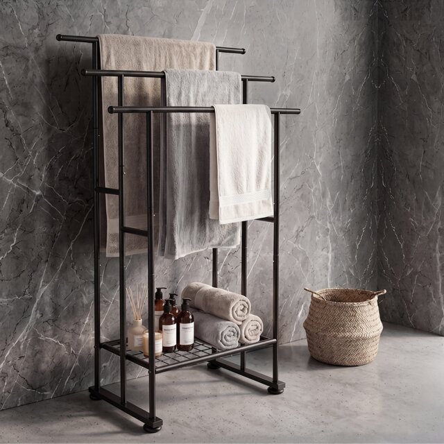 Levede Towel Rail Metal Rack With Basket 3-Tier Storage Anti-Slip Foot Black