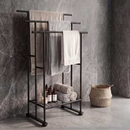 Levede Towel Rail Metal Rack With Basket 3-Tier Storage Anti-Slip Foot Black