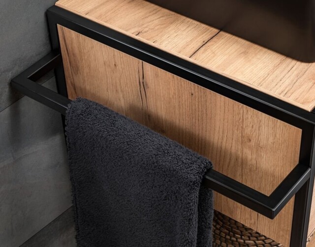 Freestanding Bathroom Vanity Sink Unit 700 600mm Drawer Cabinet Black Steel Frame Countertop Oak Finish Loft Industrial Brook
