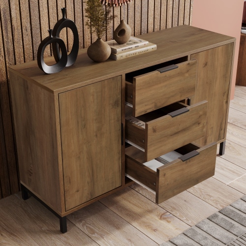 VILUXE 120cm Sideboard with 3 Drawers, 2 Doors and Adjustable Shelves, Dark Oak Effect and Black Metal Legs