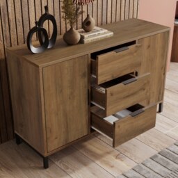 VILUXE 120cm Sideboard with 3 Drawers, 2 Doors and Adjustable Shelves, Dark Oak Effect and Black Metal Legs