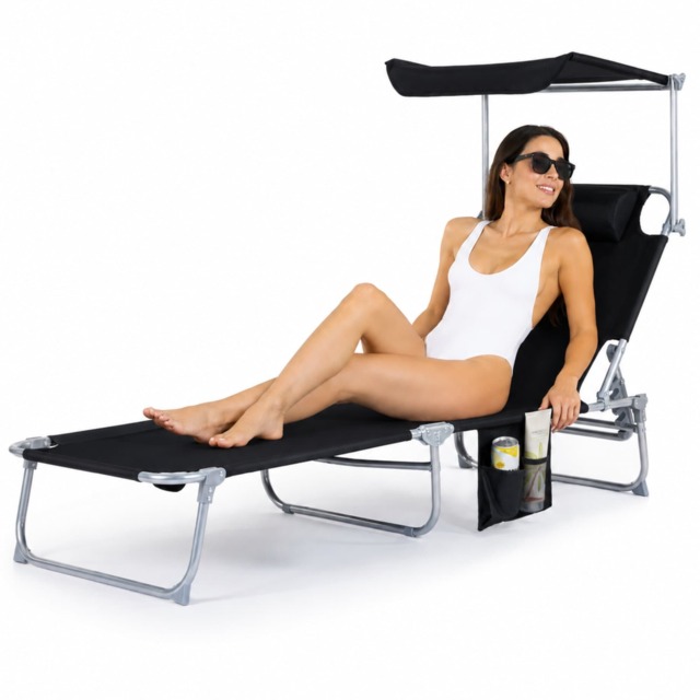 Folding Sun Lounger with Sun Shade Black