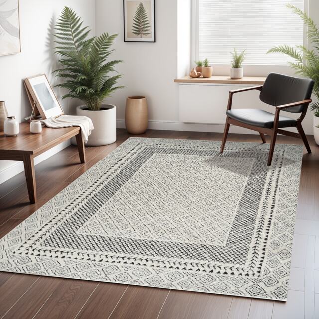 LIVABLISS Freud-Modern High Pile Rug 140 x 200 cm Ivory Black