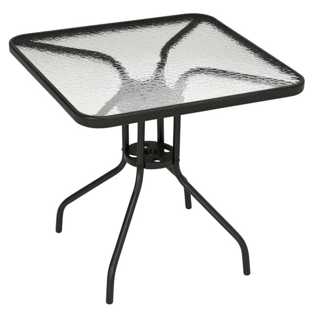 Outsunny 76 cm Square Dining Table with Parasol Hole, Outdoor Coffee End Side Table with Tempered Glass Top, Steel Frame for Garden, Patio, Black