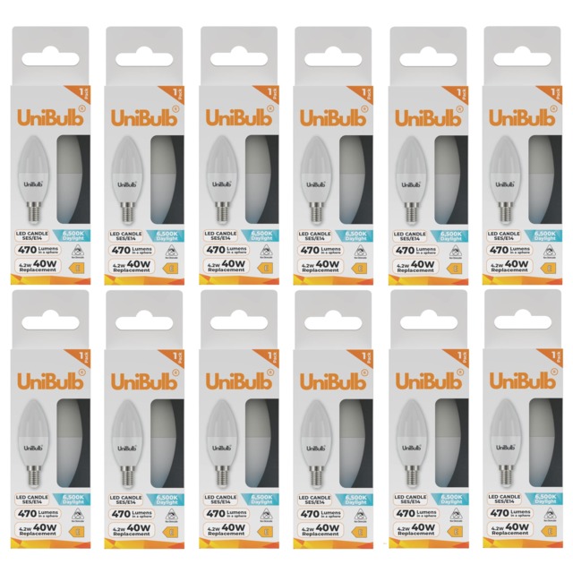 UniBulb LED Candle E14 Small Edison Screw (SES) 470lm 4.2W (Replaces 40W) 6500K (Daylight) Light Bulb - Pack of 12 White Daylight 12