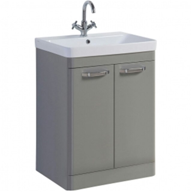 Bathroom 2-Door Floor Standing Vanity Unit with Basin 600mm Wide White 1 Tap Hole - Basalt Grey - Brassware Not Included White White 1