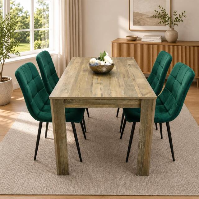 Dining Table with 4 Green Velvet Chairs Modern Dining Room Furniture Set