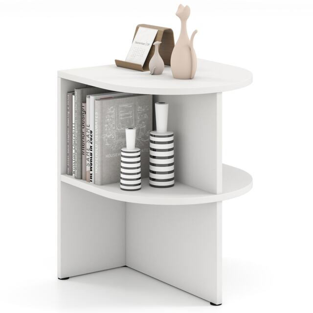 COSTWAY 2 Tier Wooden Nightstand Sofa End Table Half Round Side Table White
