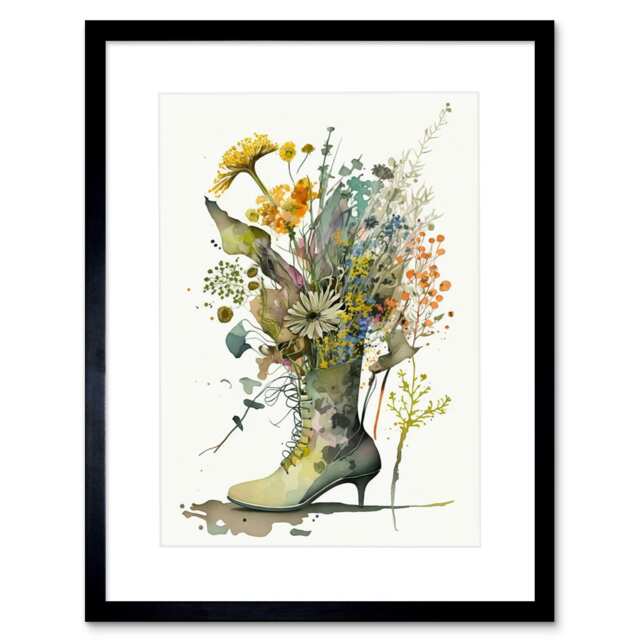 "Spring Wildflower Bouquet Stiletto Military Boot 9x7"" Black Framed Wall Art Print"