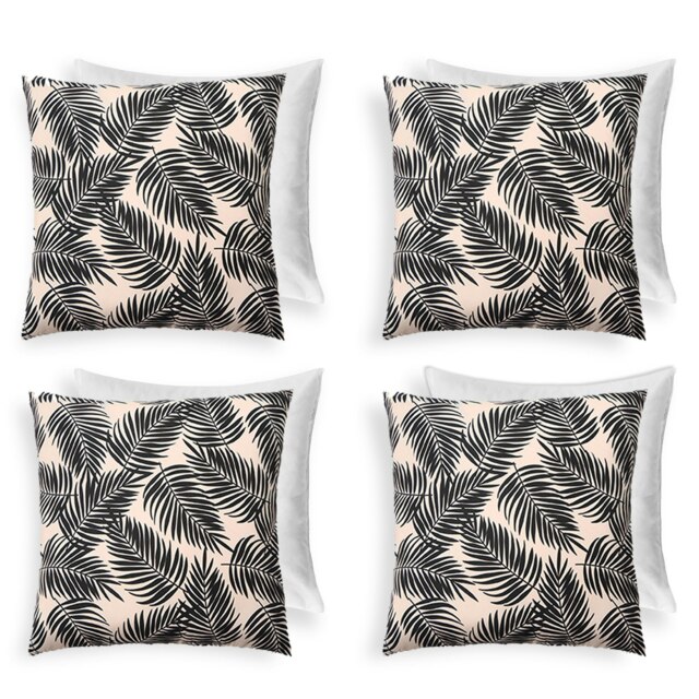 OHS 4 x Leaf Print Waterproof Outdoor Garden Patio Deck Chair Soft Plush Filled Cushions Multi Monochrome 45 x 45cm 4