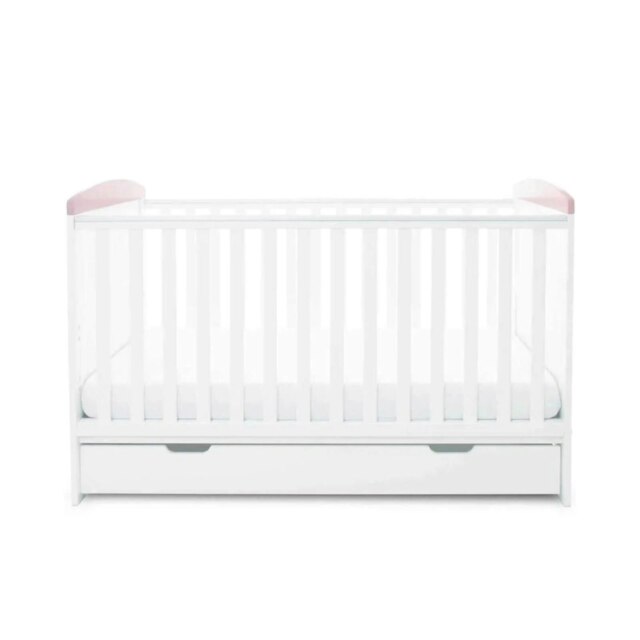 Ickle Bubba Coleby Style Cot Bed with Under Drawer Elephant Love Pink - Premium Sprung Mattress