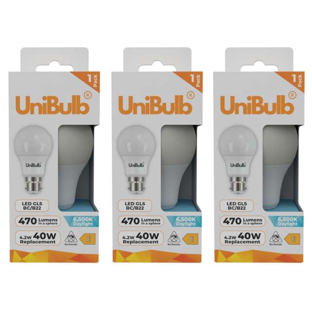 UniBulb LED GLS B22 Bayonet Cap (BC) 470lm 4.2W (Replaces 40W) 6500K (Daylight) Light Bulb - Pack of 3