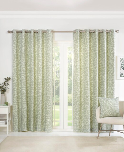 Sade - Fully Lined Floral Curtains - Eyelet - Polycotton (Green, 46'' x 72'' - 117cm x 183cm (Pair))