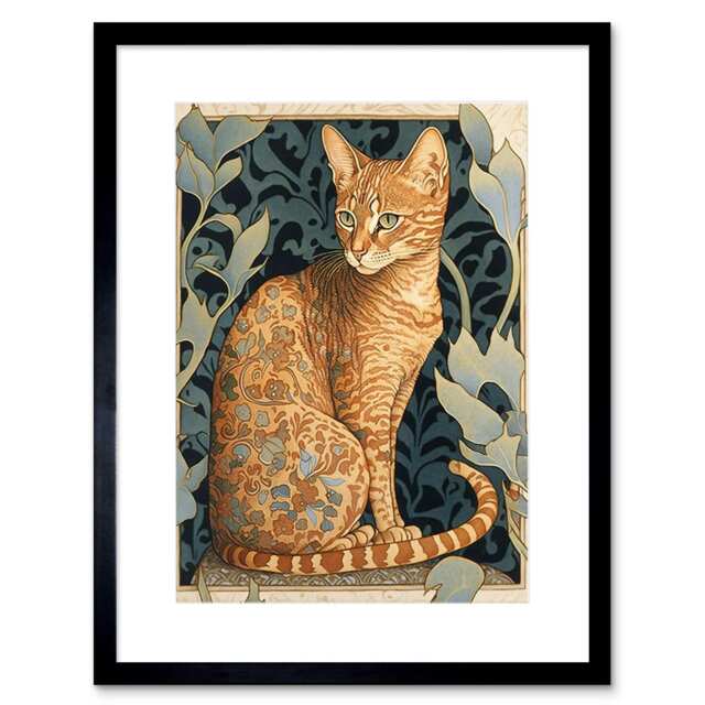 "Ocicat Cat Flower Pattern Fur Coat Art Nouveau 9x7"" Black Framed Wall Art Print"