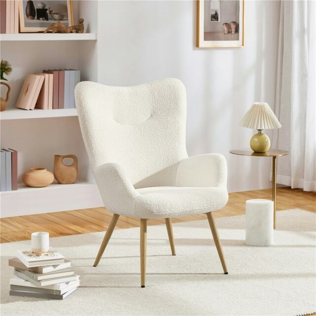Yaheetech Boucle Accent Chair with Wood-tone Metal Legs White Ivory