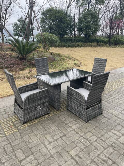 Fimous Dark Grey Mixed Outdoor PE Wicker Rattan Garden Furniture Reclining Chair And Table Dining Sets 4 Seater Rectangular Black Tempered Table