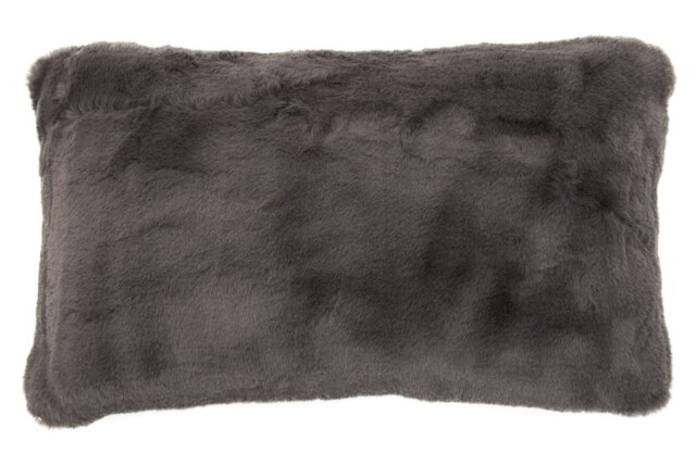 Orsina Grey Rectangular Faux Fur Cushion, Luxe Feather-Filled Throw Pillow with Faux-Suede Reverse, Grey Cushion