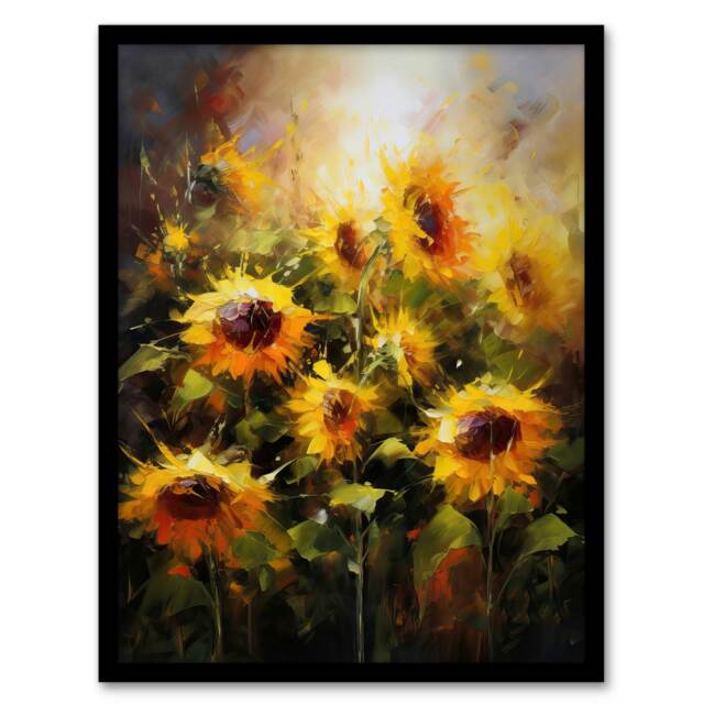 Sunflower Field Vibrant Oil Yellow Orange Black Framed Wall Art Print A4