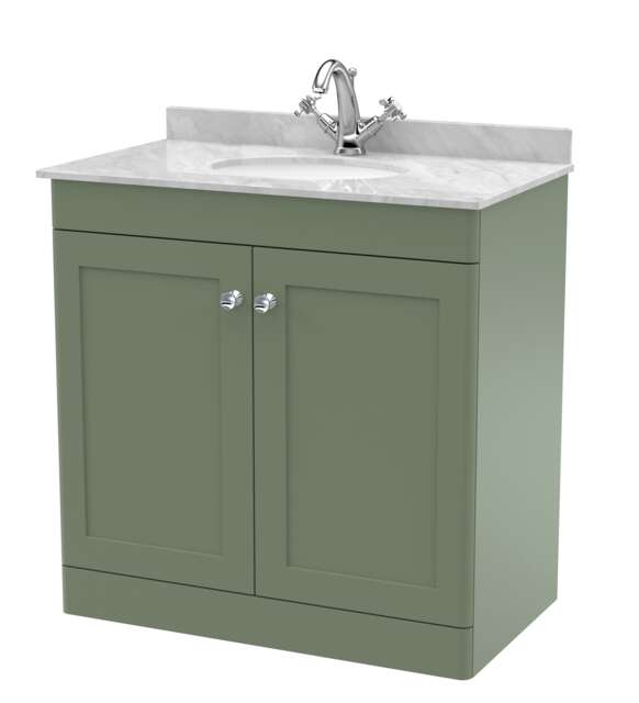 Balterley Swynnerton Traditional 2 Door Floor Standing Vanity Unit with Marble Basin, Satin Green, 800mm