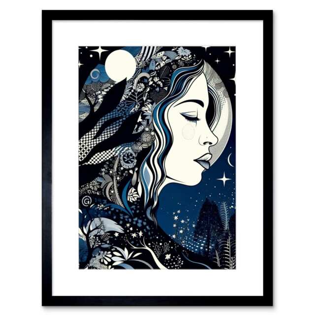 "New Moon Goddess Winter Witch Starry Night 9x7"" Black Framed Wall Art Print"