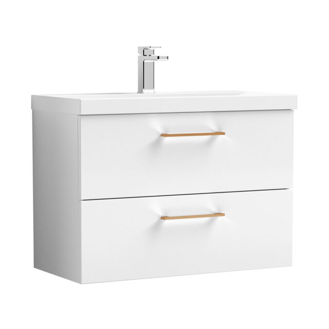 Balterley Wall Hung Bathroom 2 Drawer Vanity Unit and 1 Tap Hole Ceramic Basin, with Handles White