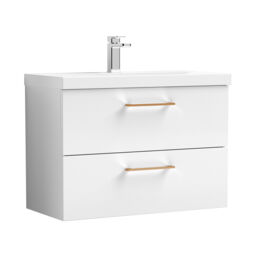 Balterley Wall Hung Bathroom 2 Drawer Vanity Unit and 1 Tap Hole Ceramic Basin, with Handles White