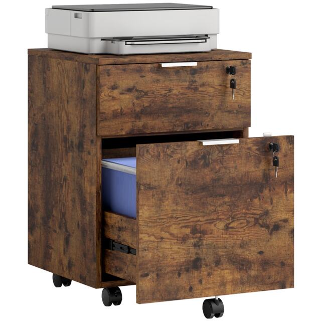 HOMCOM Mobile File Cabinet with Wheels and Lock, 2 Drawer Under Desk Office Cabinet, Adjustable A4 and Letter Hanging Bars, Black and Rustic Brown Black