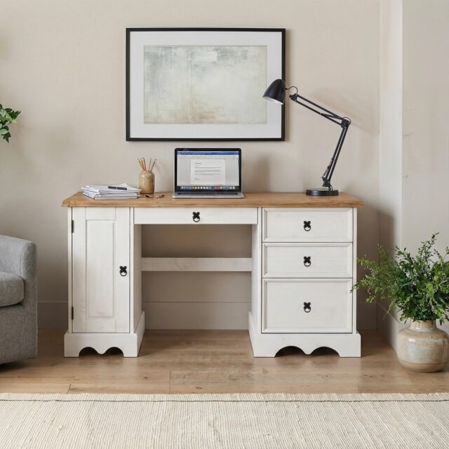 Corona White Straight Computer Desk Dressing Table Solid Wood Mexican Pine Wooden Office Bedroom