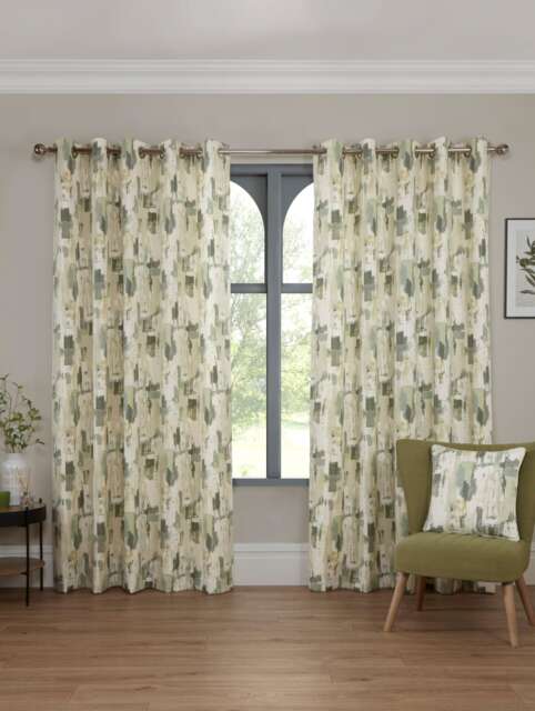 Bamford - Fully Lined Abstract Curtains - Eyelet - Polycotton (Fennel, 90'' x 90'' - 229cm x 229cm (Pair)) Green Fennel (W) 228cm x (L) 228cm