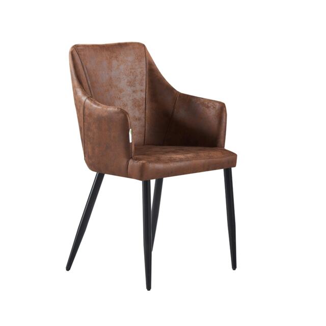 Single Zarah Modern Faux Leather Dining Chair with Armrests and Black Metal Legs, Comfortable Accent Chair Brown Brown